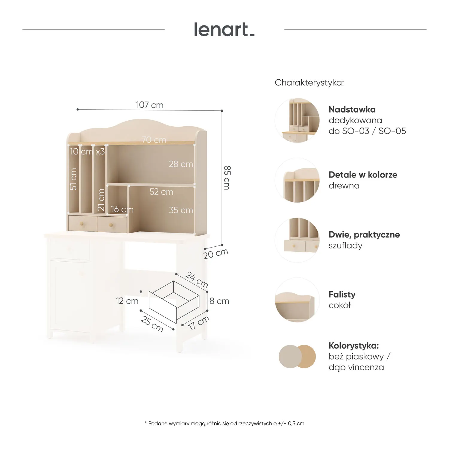 Nadstawka do biurka STORY 04 z półkami i szufladami beż piaskowy dąb vincenza bielony - SO4BPVB