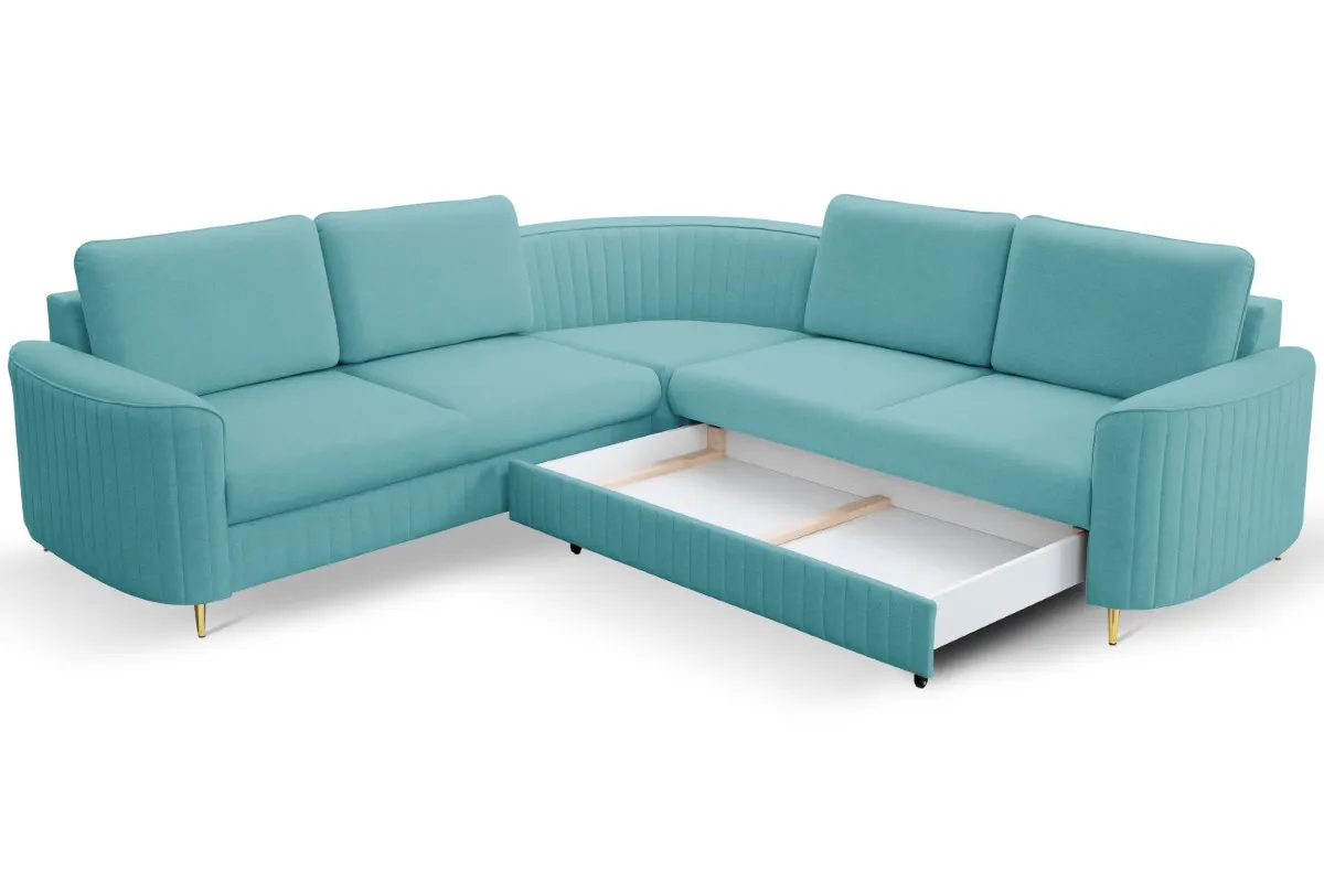 Narożnik rozkładany z pojemnikiem LAREN CASTEL 251 cm prawy niebieski złote nóżki - LAREN_NAR_CASTEL70_P_ZŁ