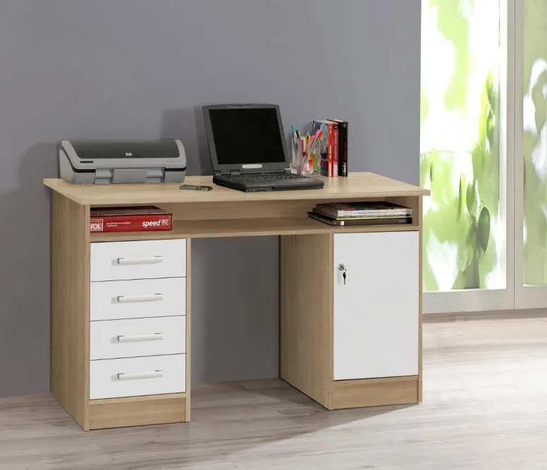 Biurko NET106 z szafką, 4 szufladami i półką - biały, dab sonoma Biurko NET106 z szafką, 4 szufladami i półką - biały, dab sonoma