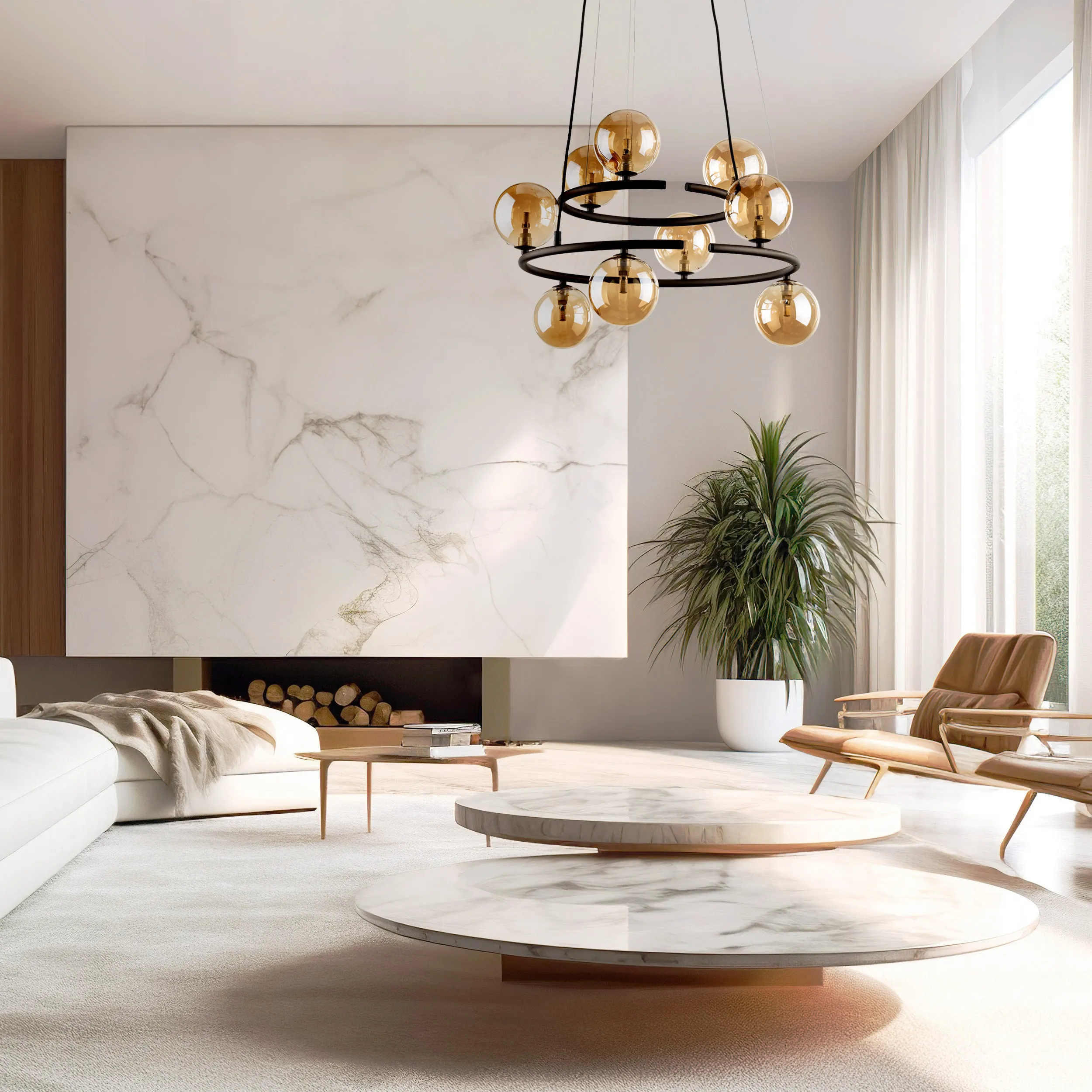 Lampa wisząca ANABELLE brązowa z brązowymi szklanymi okrągłymi kloszami 140x62cm - TK_6587