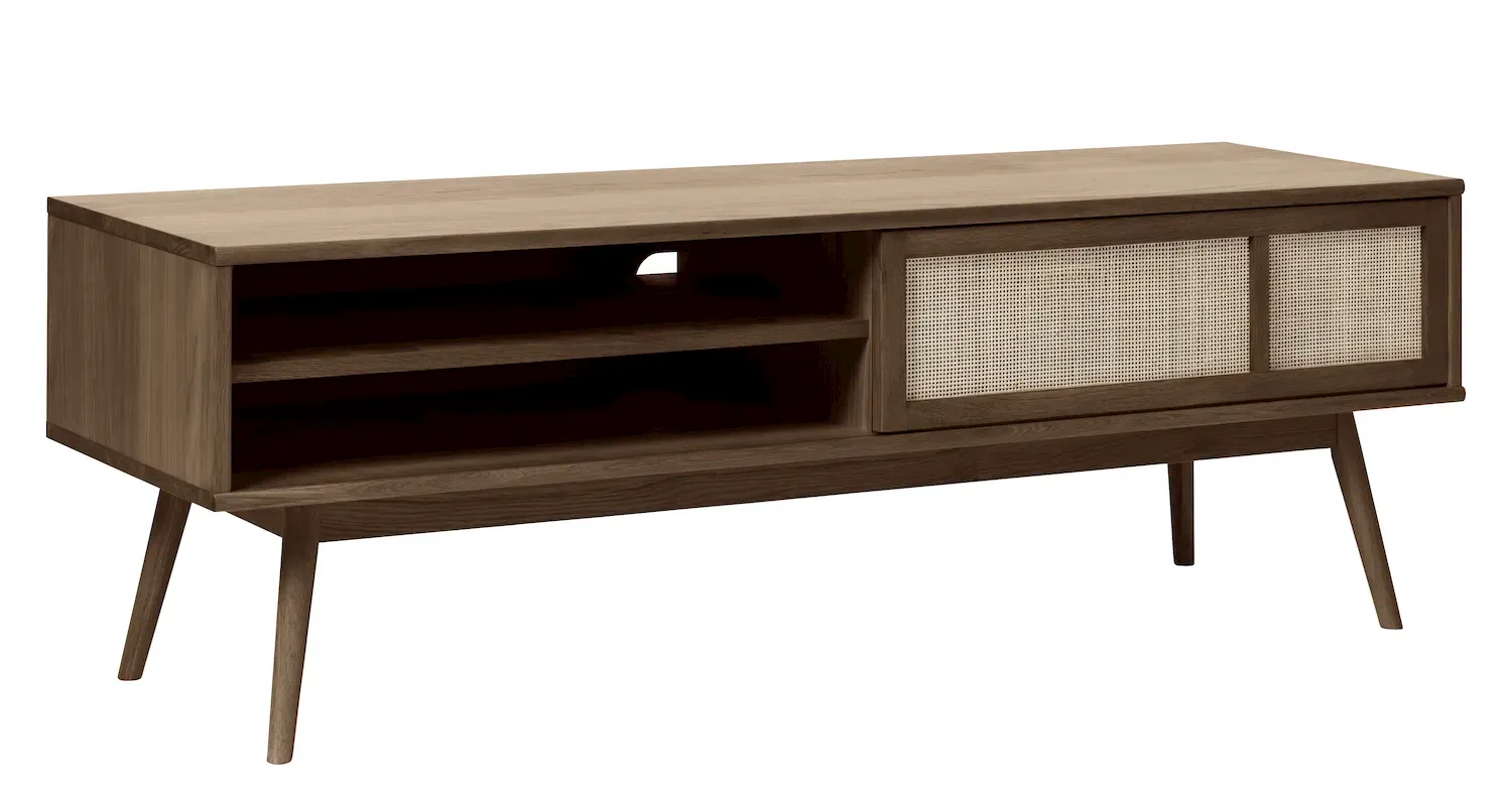 Szafka RTV 1-drzwiowa BARRALI z rattanem 150 cm - dąb wędzony, naturalny