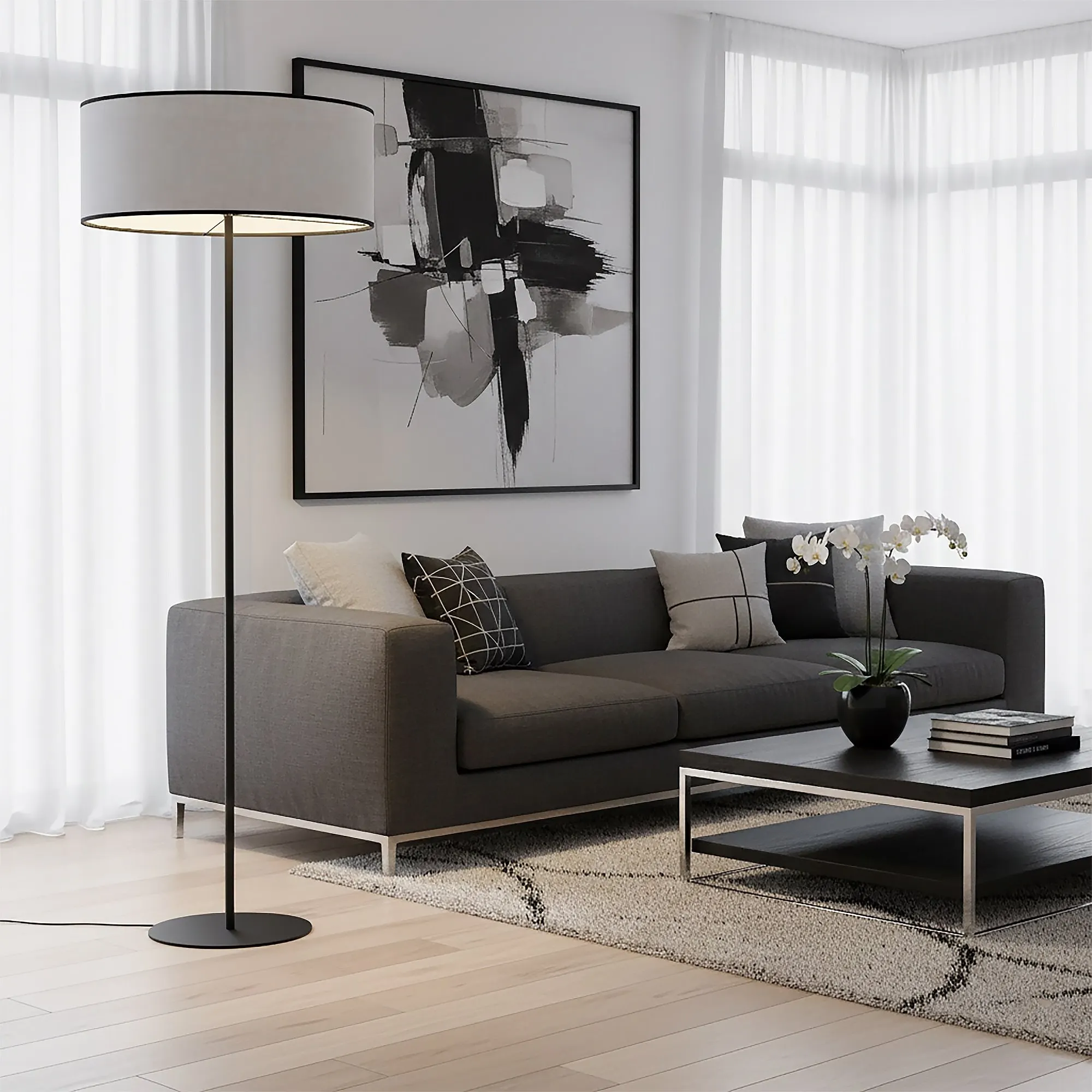 image sofa, living room, szary, stolik kawowy, lampa
