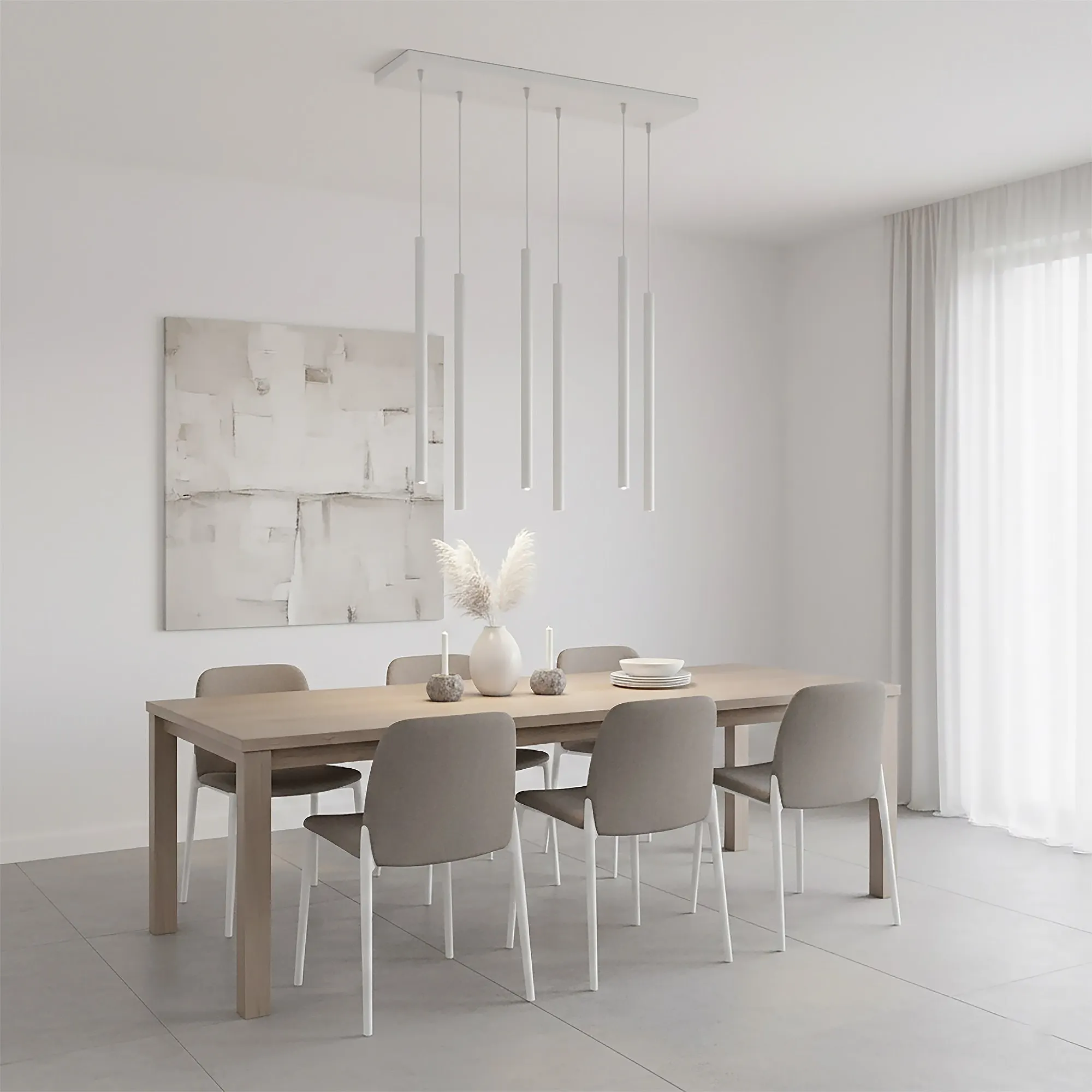 stół drewniany, jadalnia, lampa wisząca, minimalizm nowoczesny, dekoracja stołu