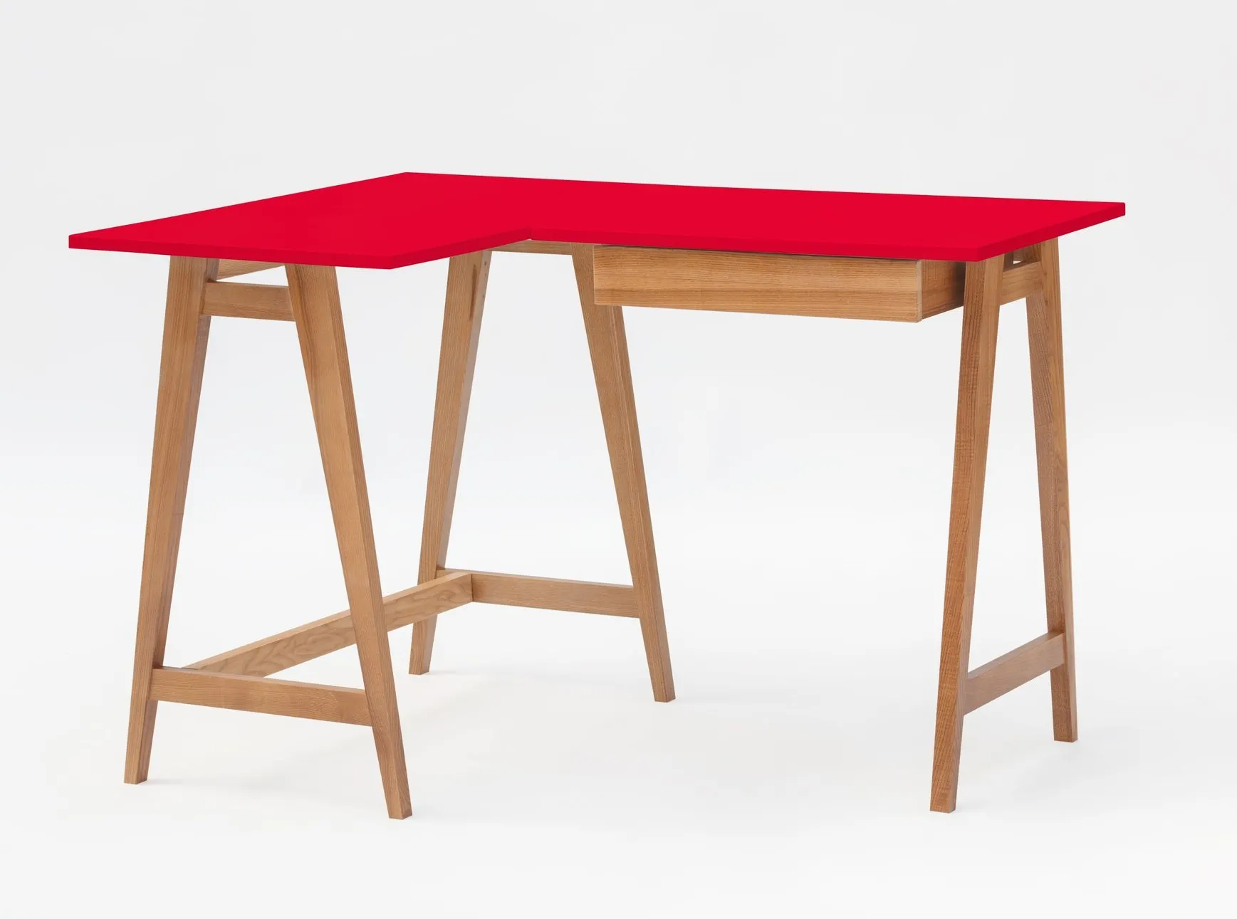 Biurko narożne z szufladą LUKA lewostronne 115x85 czerwony blat/nogi kolor dąb