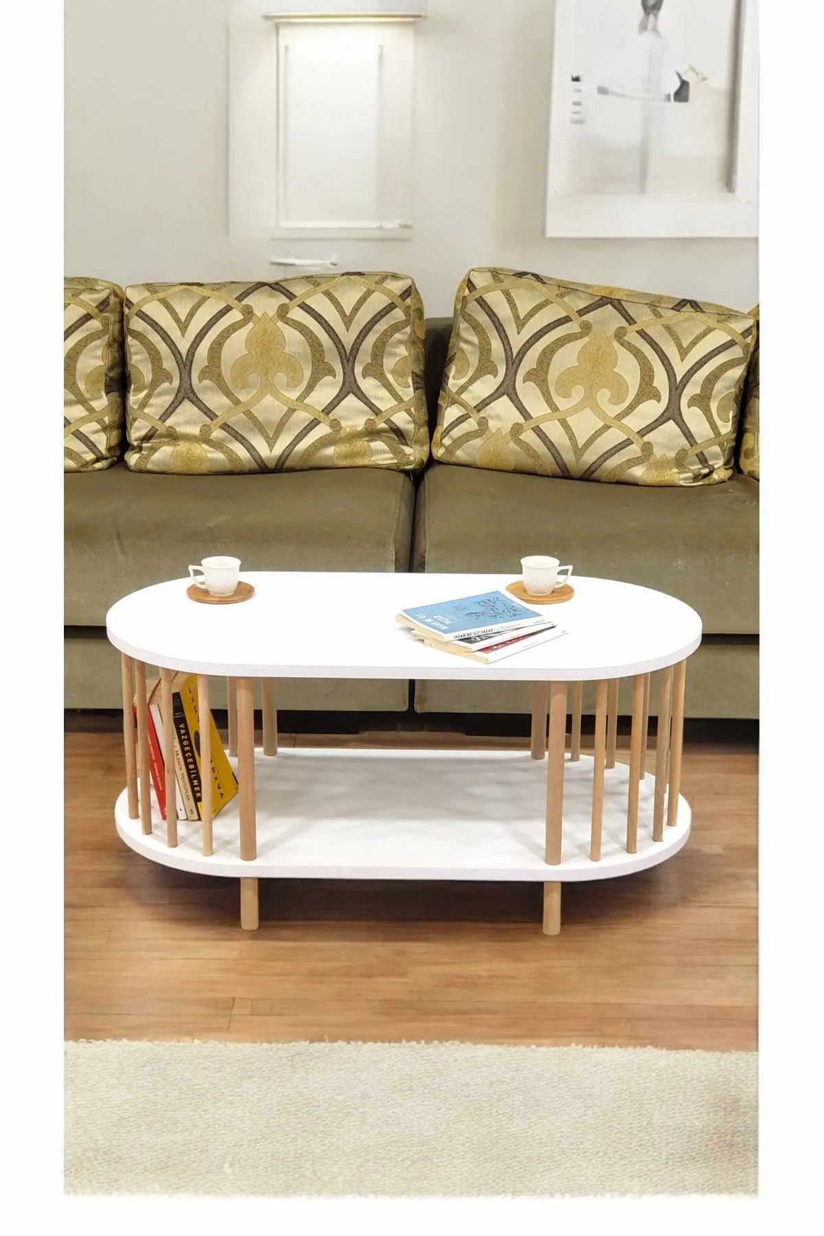 sofa, coffee table, white table, bookshelf, cushions