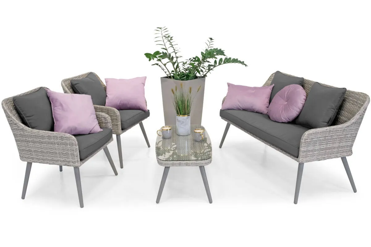 Zestaw ogrodowy z poduszkami MOKKA sofa+stolik+2 fotele - technorattan - szary
