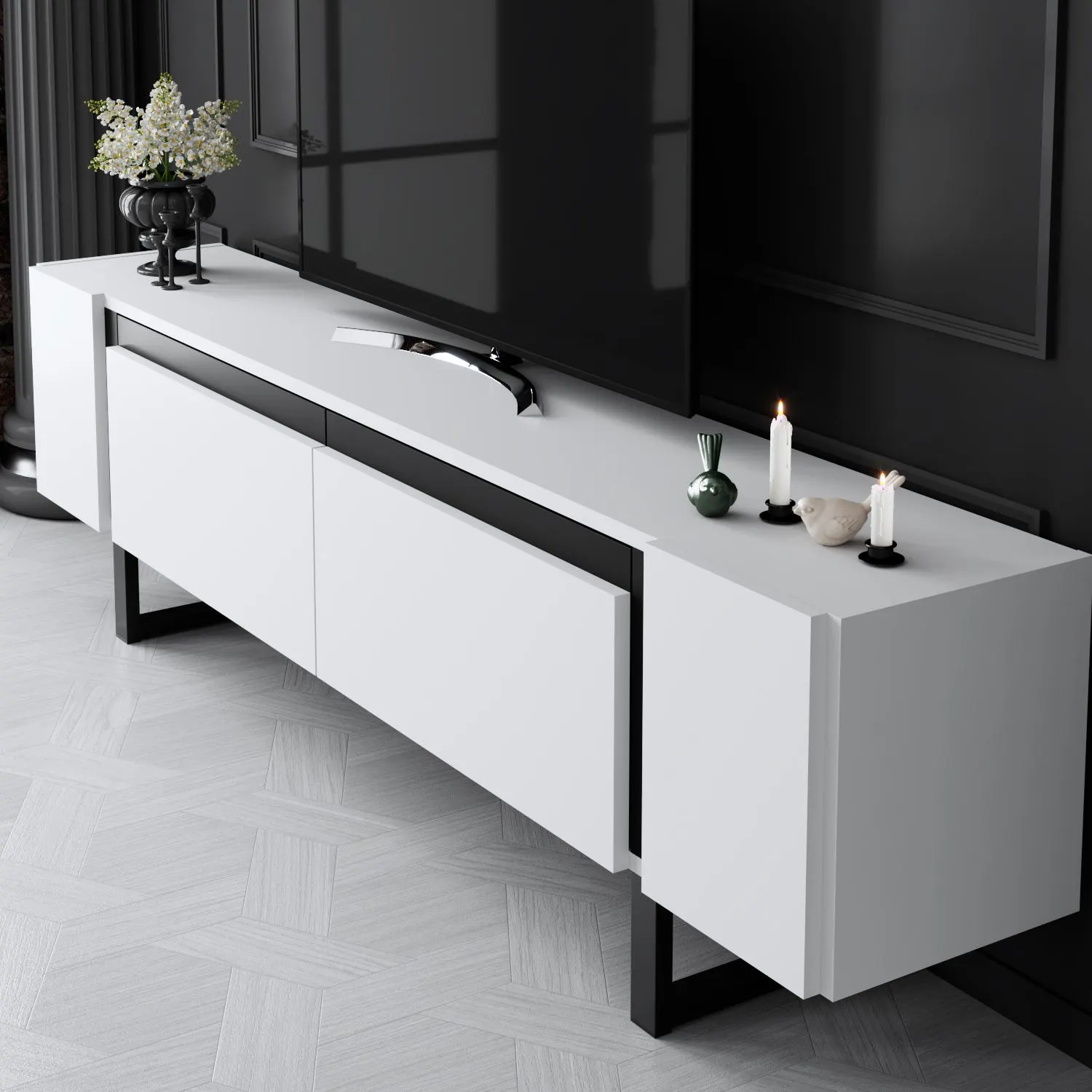 Szafka RTV z 2 klapami YILDIZ 180x30x50 cm biały czarny - ASI_618BLY1276