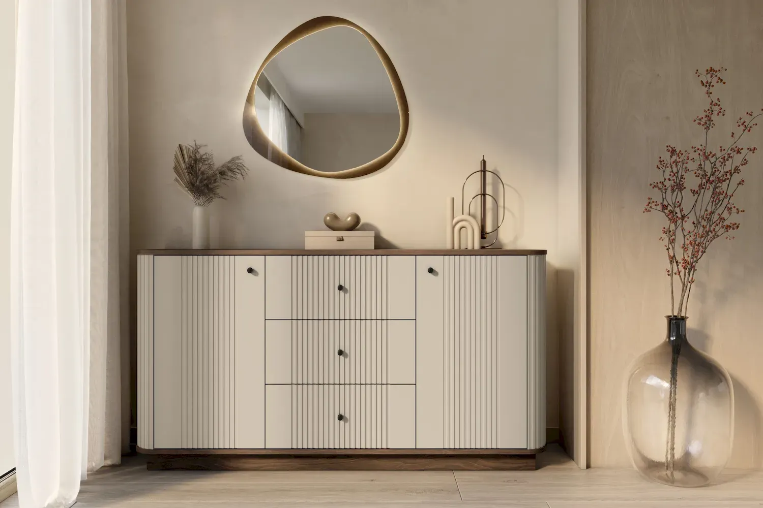 Komoda 2-drzwiowa z 3 szufladami VESPER 160 ryflowany front - cashmere orzech czarne uchwyty cokół - B_169441