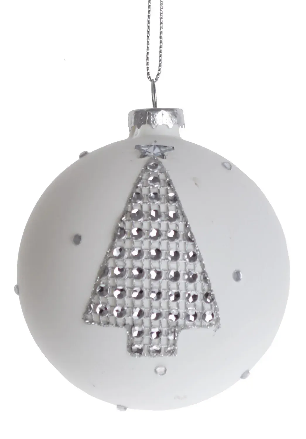 Bombka szklana 6 sztuk Z CHOINKĄ Z KRYSZTAŁKAMI 5365 biało-srebrna Bombka szklana 6 sztuk Z CHOINKĄ Z KRYSZTAŁKAMI 5365 biało-srebrna