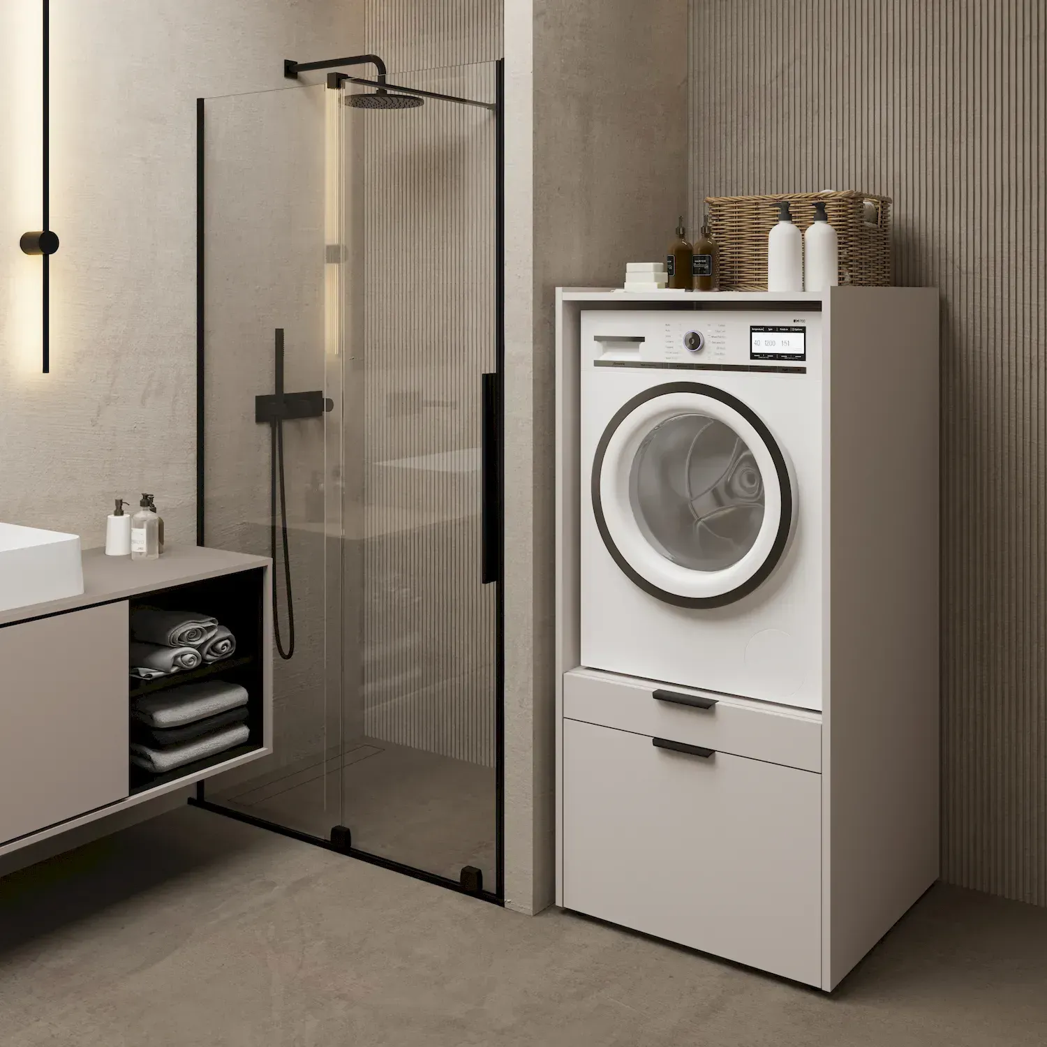 image pralka, pralka ładowana od frontu, front loading washer, szafka z szufladami, łazienkowe wyposażenie