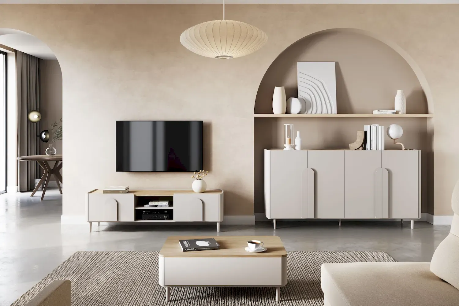 Szafka RTV z klapą i szufladą AMILIO 170 - cashmere dąb olejowany uchwyty cashmere nogi cashmere - B_169223