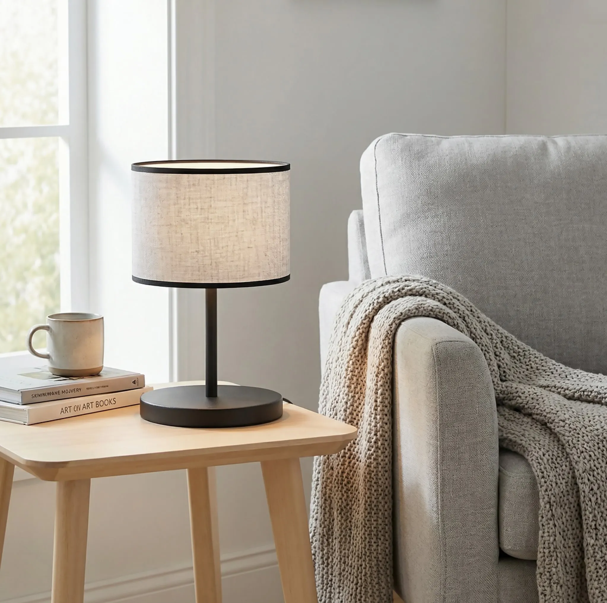 lampa stołowa, lampa nocna, stolik kawowy, sofa, koce/blanket