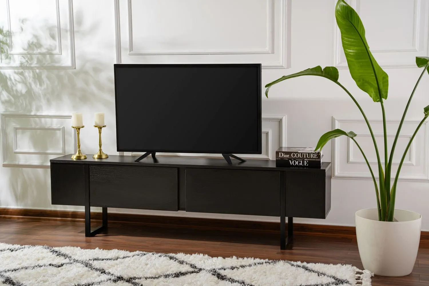 Szafka RTV 2-drzwiowa SERENITY 180 cm czarna czarny stelaż