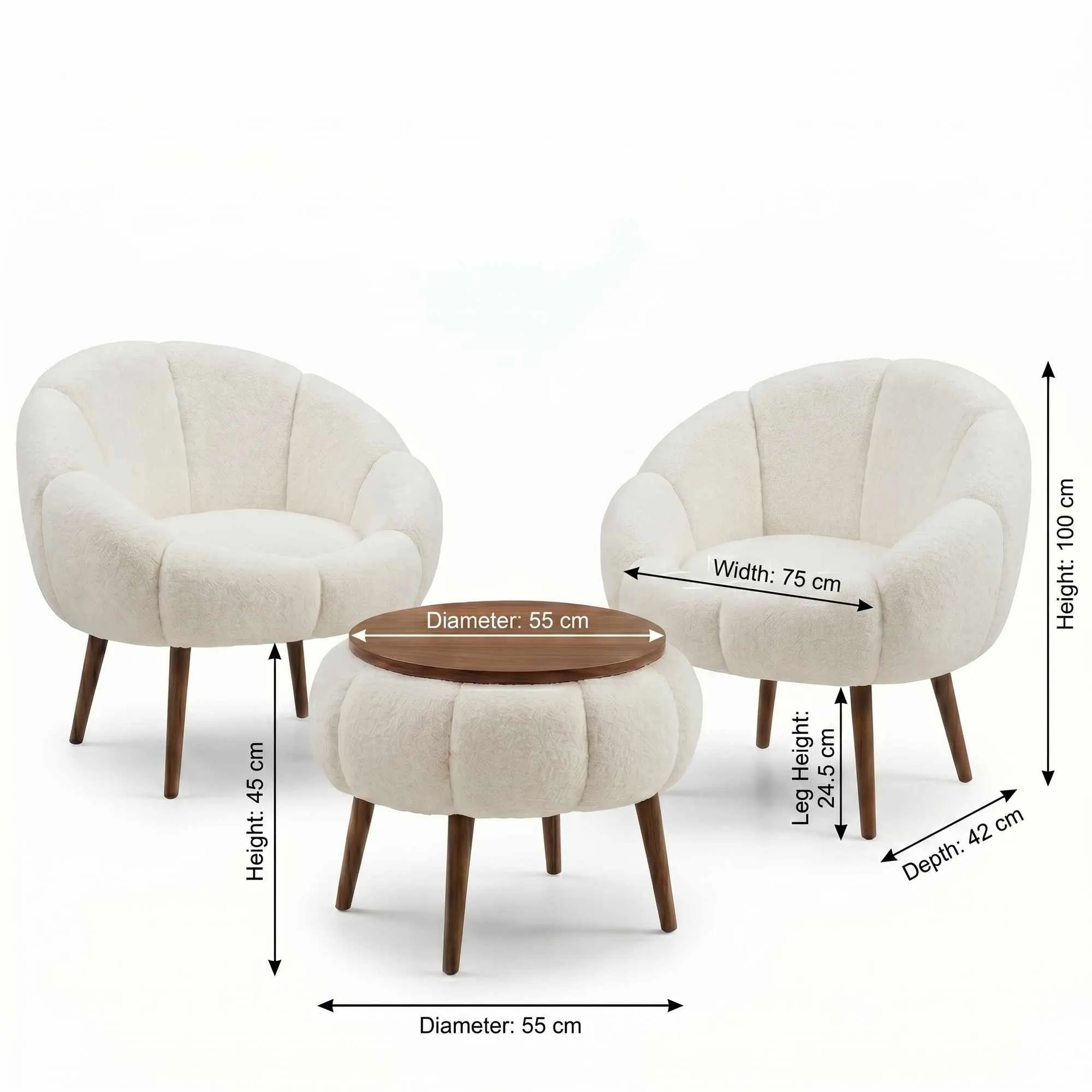 sofa chair set, round coffee table, cream upholstery, wooden legs, mid-century style