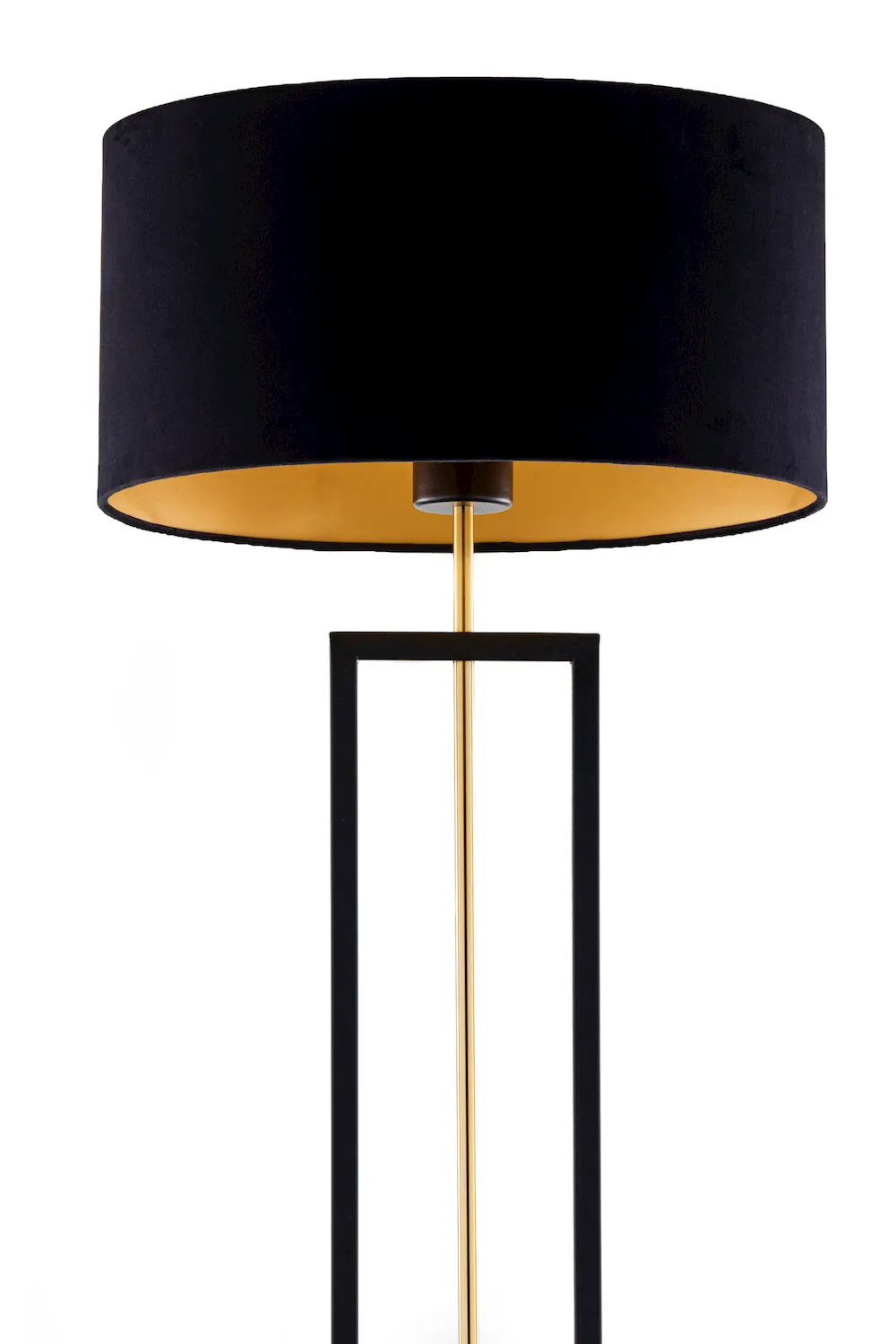 lampa stojąca, czarny abażur, metalowy stelaż, złoty element, nowoczesny design