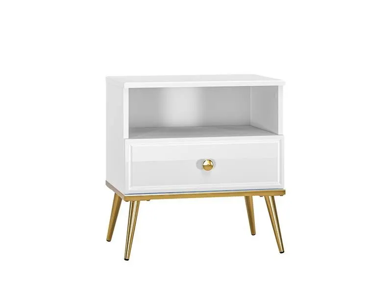 Szafka nocna z szufladą GOLDIN 07 biały połysk na złotych nogach Szafka nocna z szufladą GOLDIN 07 biały połysk na złotych nogach
