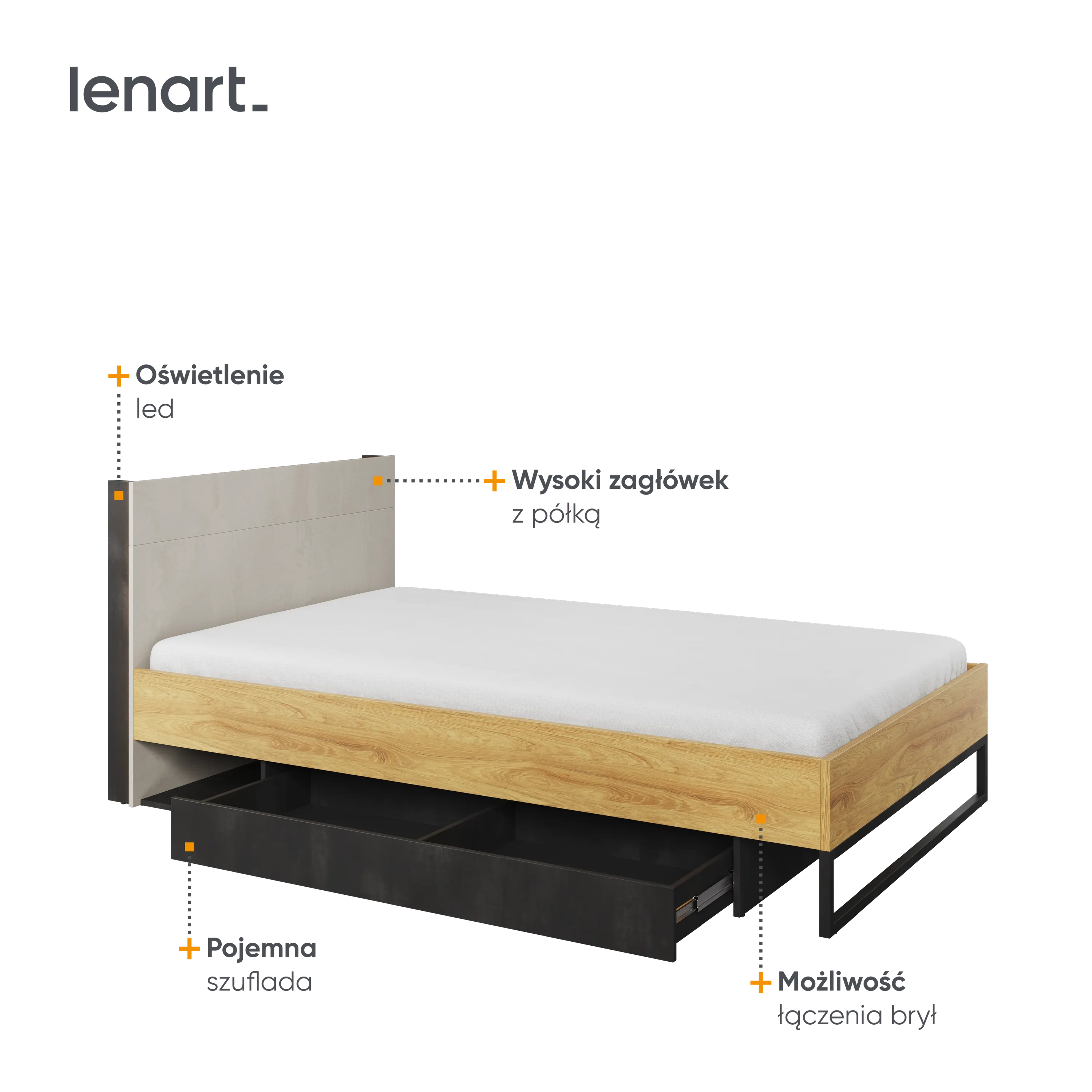 Łóżko ze stelażem Teen Flex TF-17 120x200 hikora naturalna/silk flou/surowa stal - TF17SFH