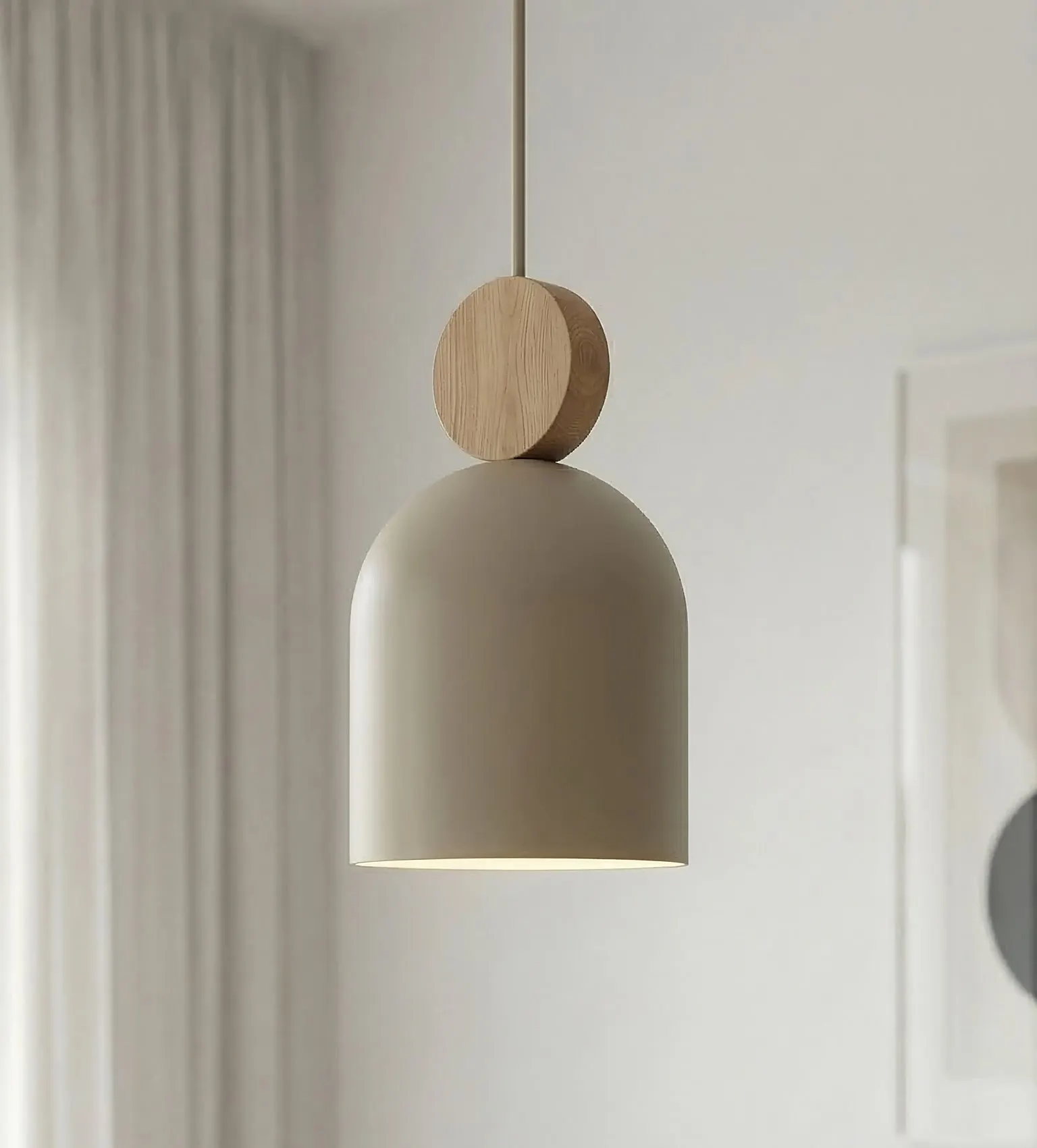 lampa wisząca, korpus cylindryczny, kolor kremowy, drewniana podstawa, minimalistyczny design