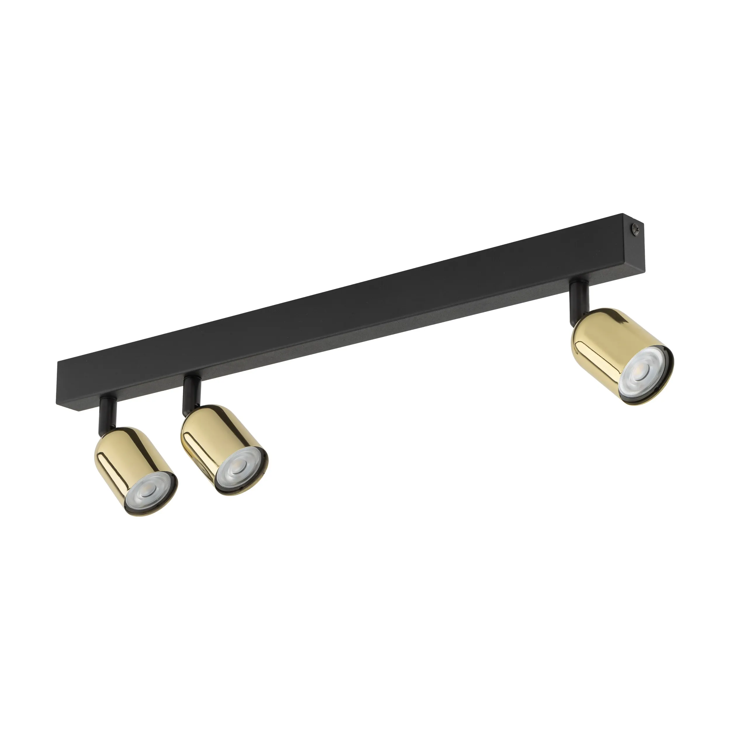 Lampa sufitowa TOP czarna ze złotymi reflektorami regulowanymi na metalowej listwie niesymetryczna 64x18x16cm