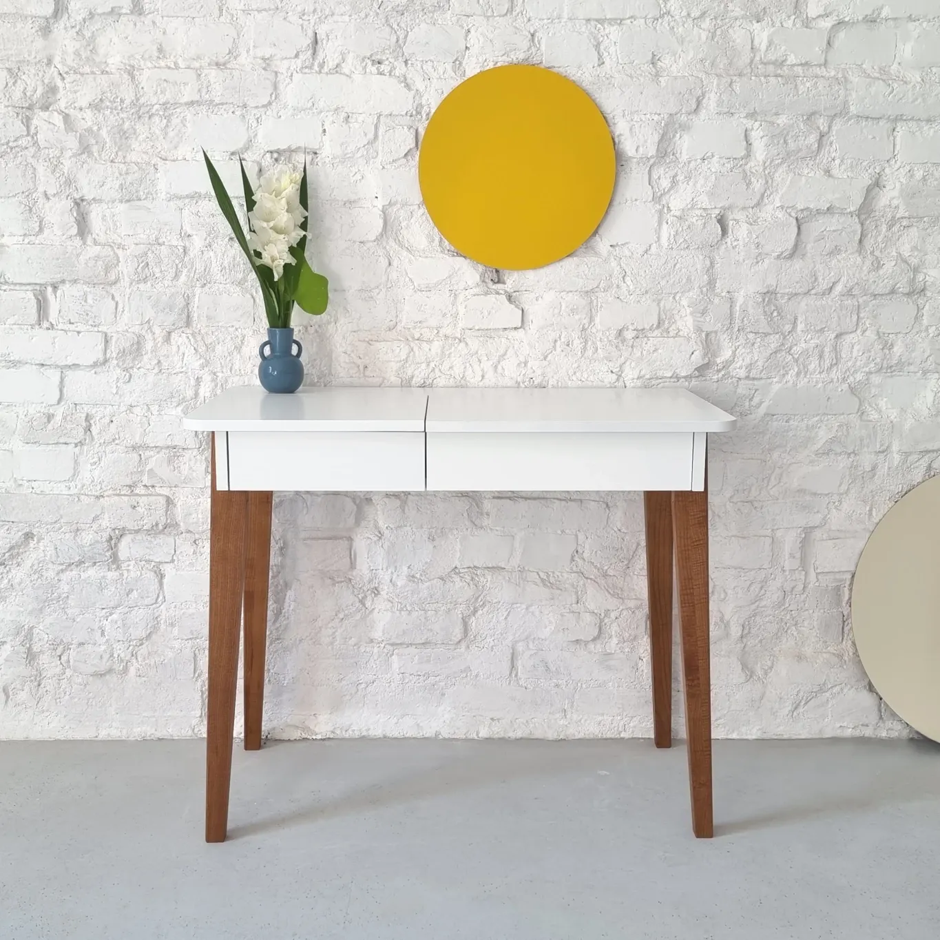 Toaletka z lustrem MEWISE 90x48cm kremowa kolor nóg dąb