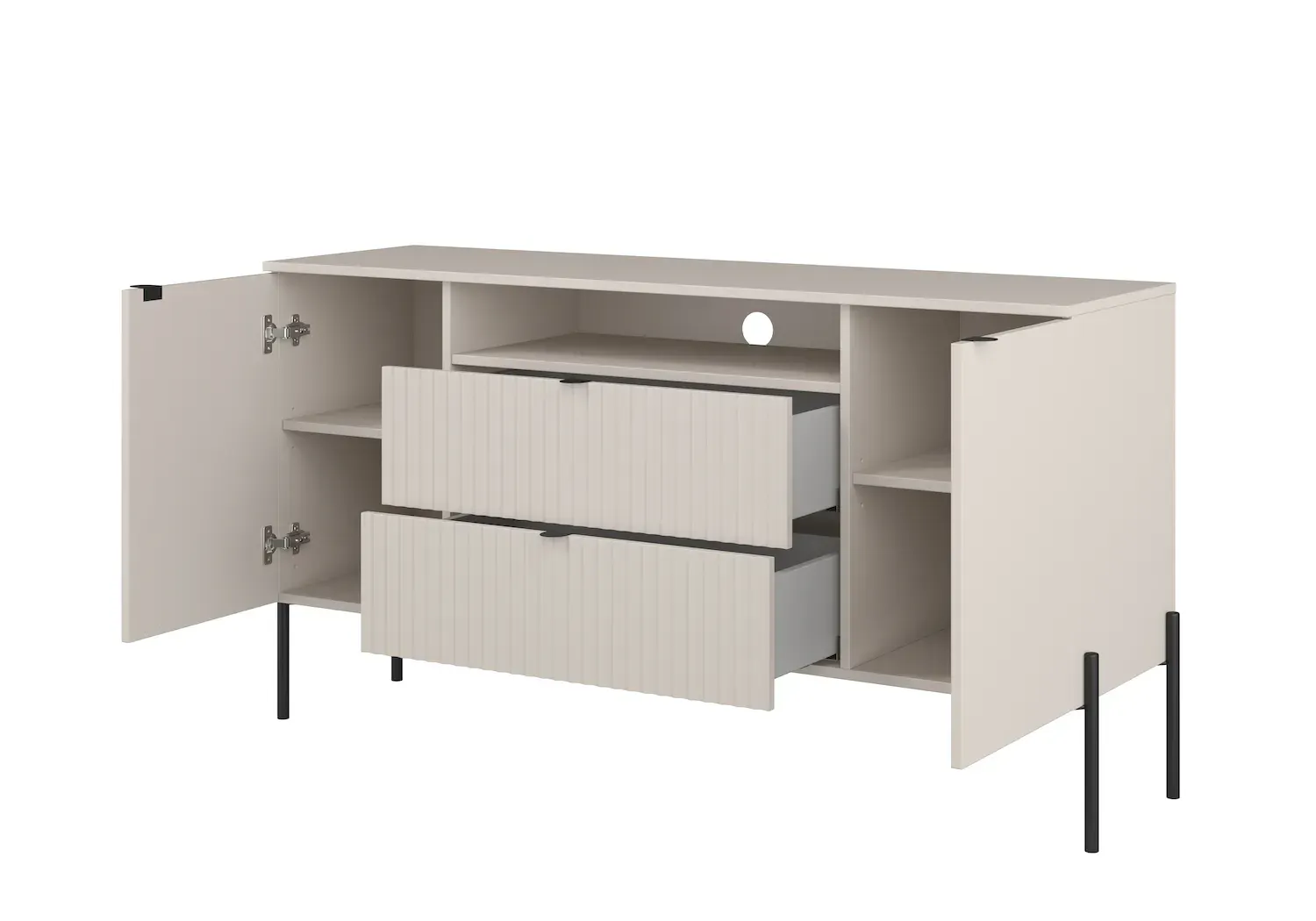 Komoda 2-drzwiowa z 2 szufladami i wnęką ORE 140 cm kaszmir ryflowany front czarne nóżki - 24KROG26