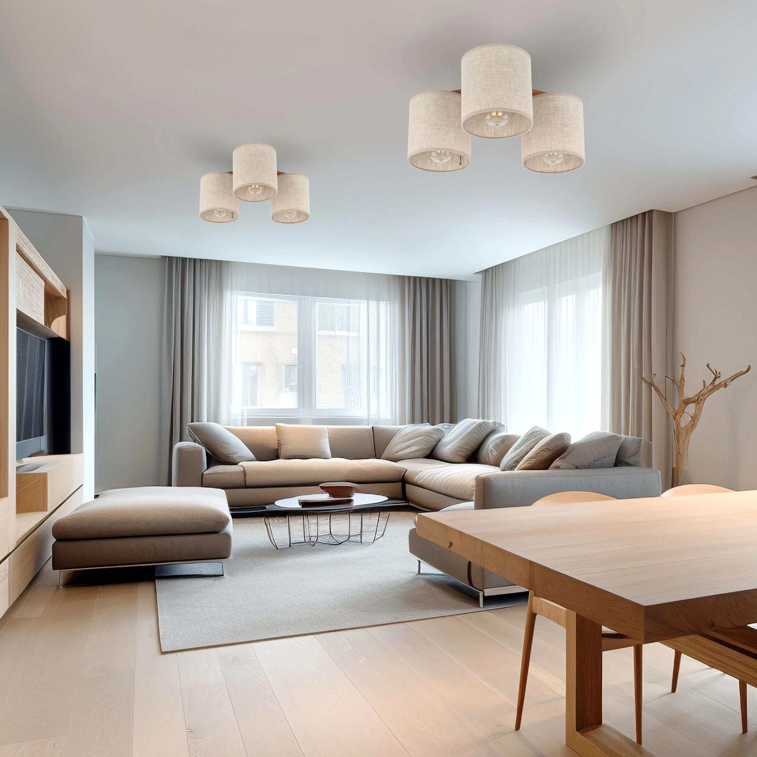 Lampa sufitowa DEVA NATURE czarna podstawa drewniane elementy trzy okrągłe beżowe klosze z tkaniny 45x22cm - TK_6865