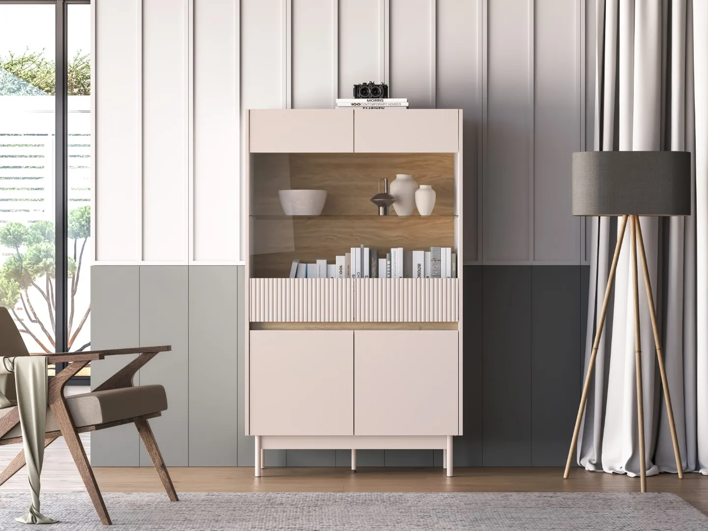 Witryna szklana 4-drzwiowa DUNEA 156x92 ryflowana kaszmir - dąb cremona - 1DUNE03-001