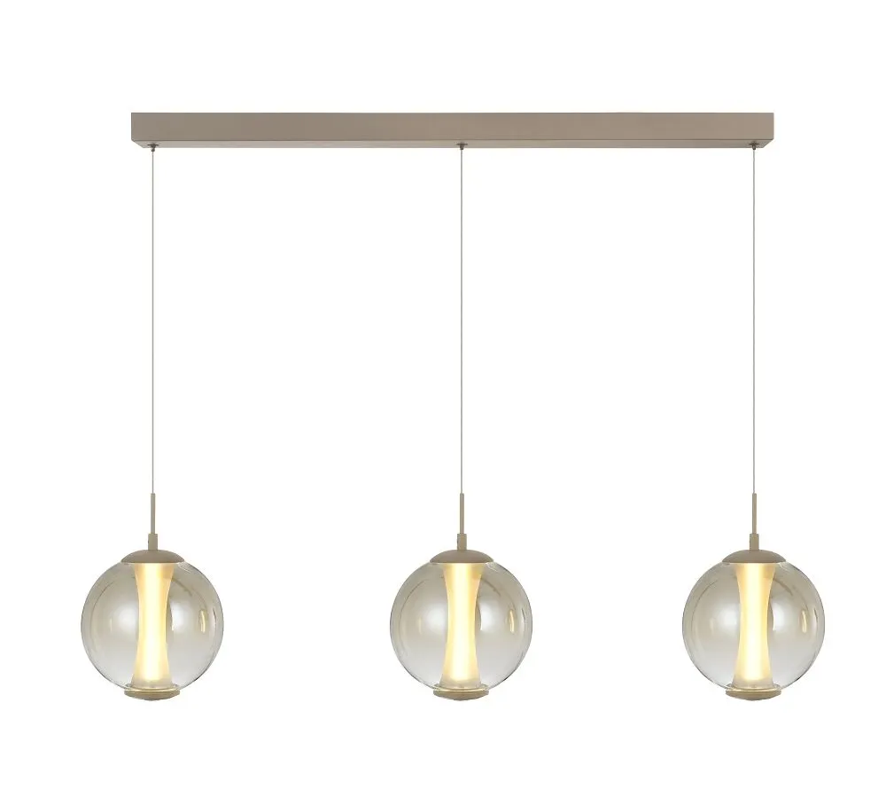 image lampa wisząca, trzy punkty, szklane klosze, kule, metalowy montaż