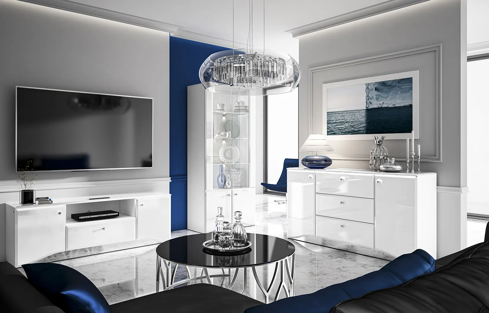 Szafka RTV 2-drzwiowa z szufladą GLAMOUR 03 z oświetleniem - biały połysk - 1GLAM03-001