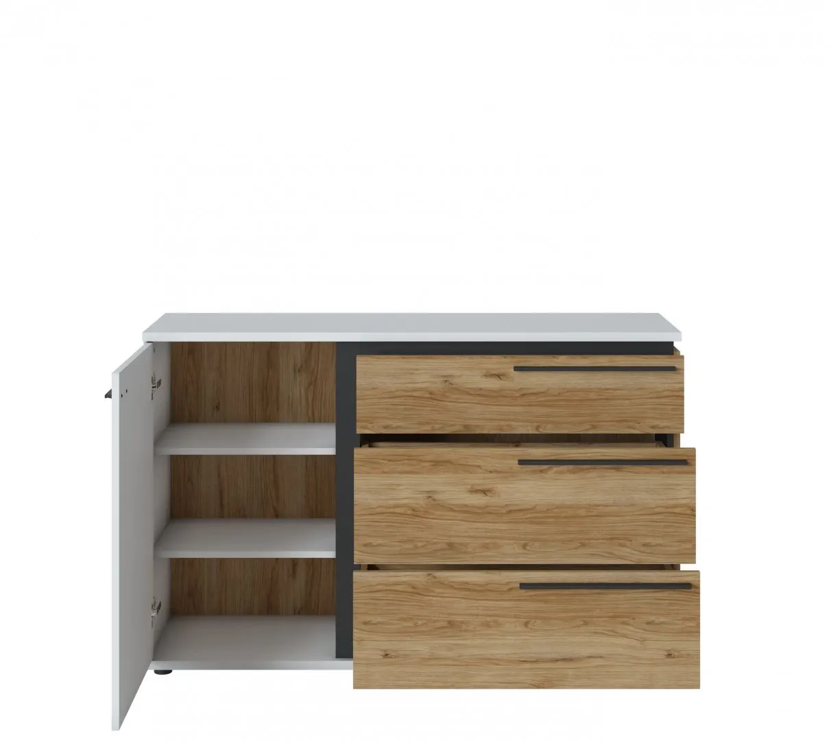 Komoda 1-drzwiowa z 3 szufladami SALINAS SAIK01 Biała, Dąb Catania, Czarny mat - 6000000010901