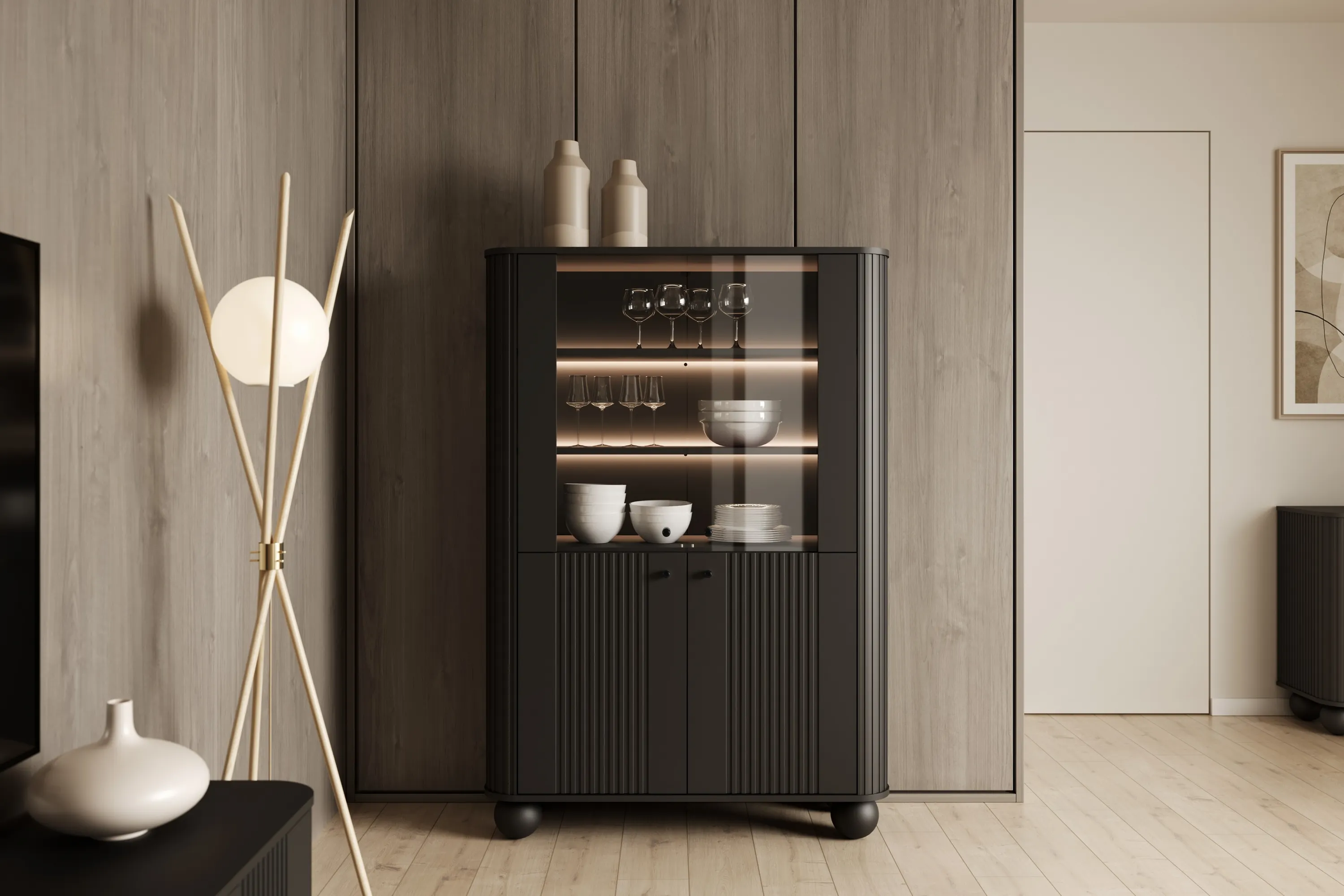 Witryna 4-drzwiowa z oświetleniem VESPER 103 ryflowany front czarna czarne uchwyty nogi kule - B_167230