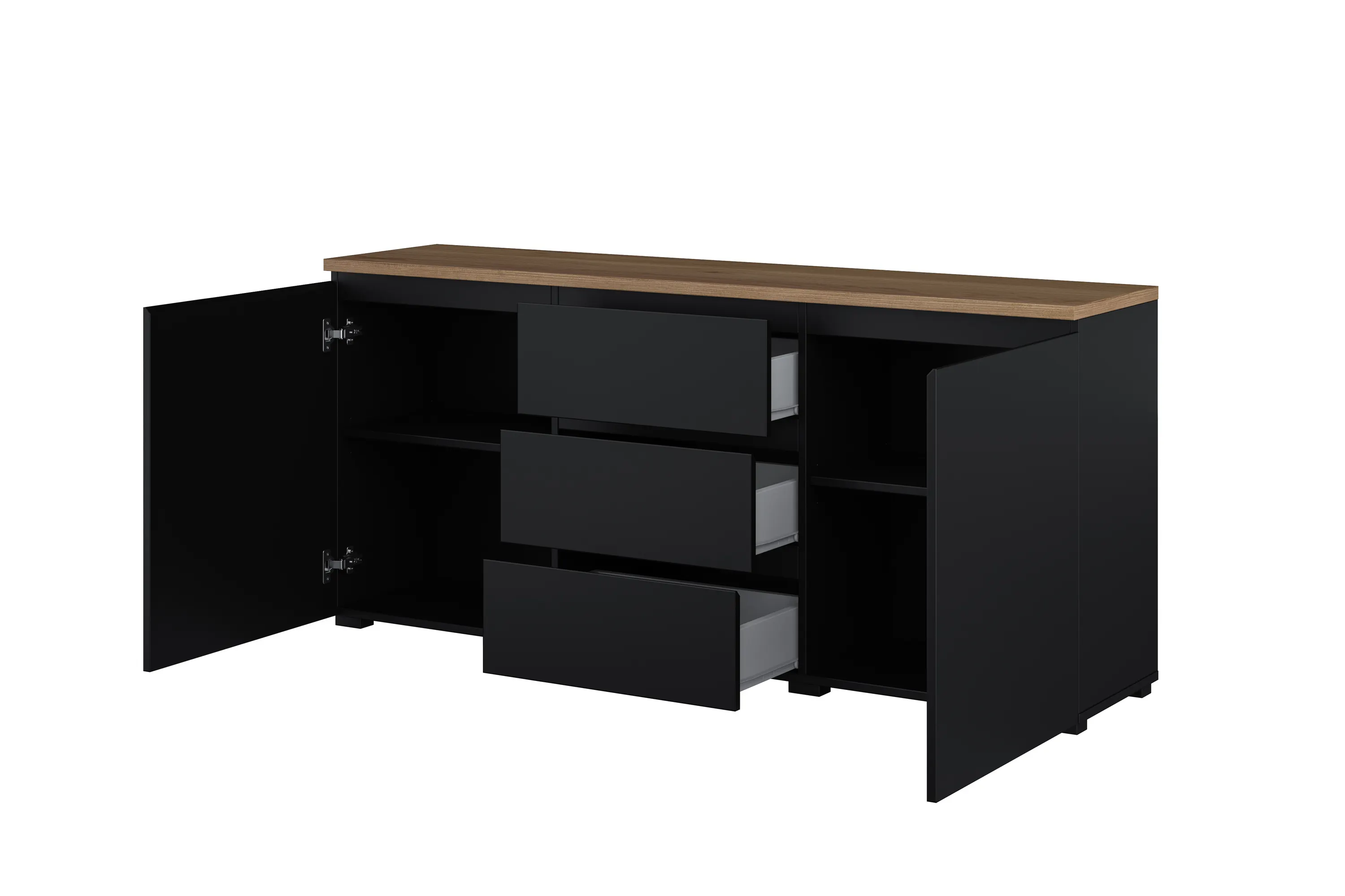 komoda, szafka, czarna, drewniany blat, szuflady