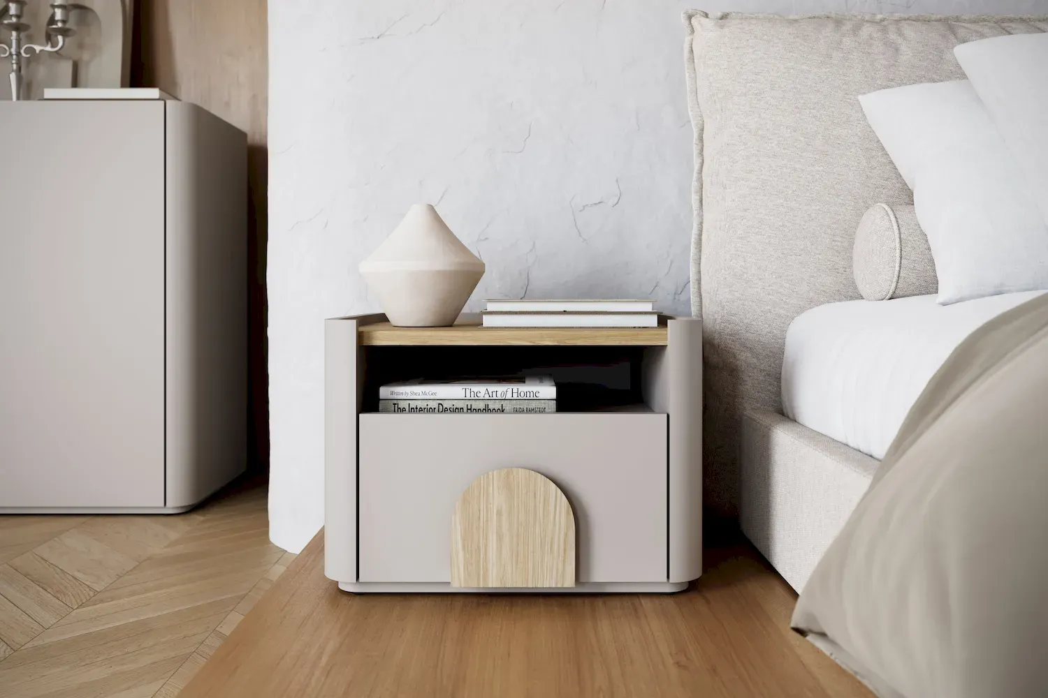 Szafka nocna z 1 szufladą i półką AMILIO 50 - cashmere dąb olejowany uchwyty dąb jasny - B_169207