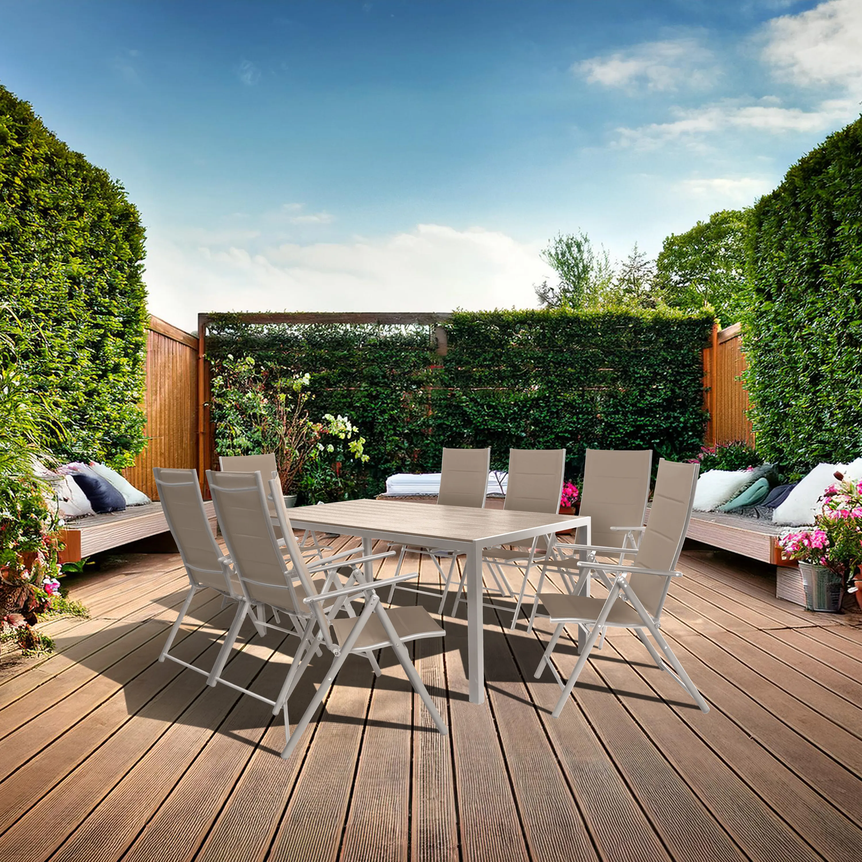 Zestaw Mebli Luxury stół 180x90cm + 8 składanych krzeseł beżowo-srebrny - DLG_95604