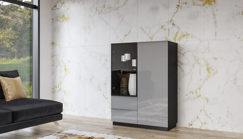 Komoda wysoka HELIO dwudrzwiowa z szufladami szara czarna 136x100x48cm - 24WXJW44