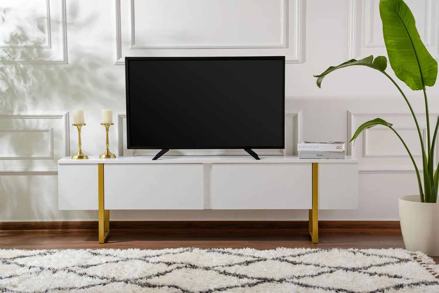 Szafka RTV 2-drzwiowa SERENITY 180 cm biała złoty stelaż — zdjęcie 7
