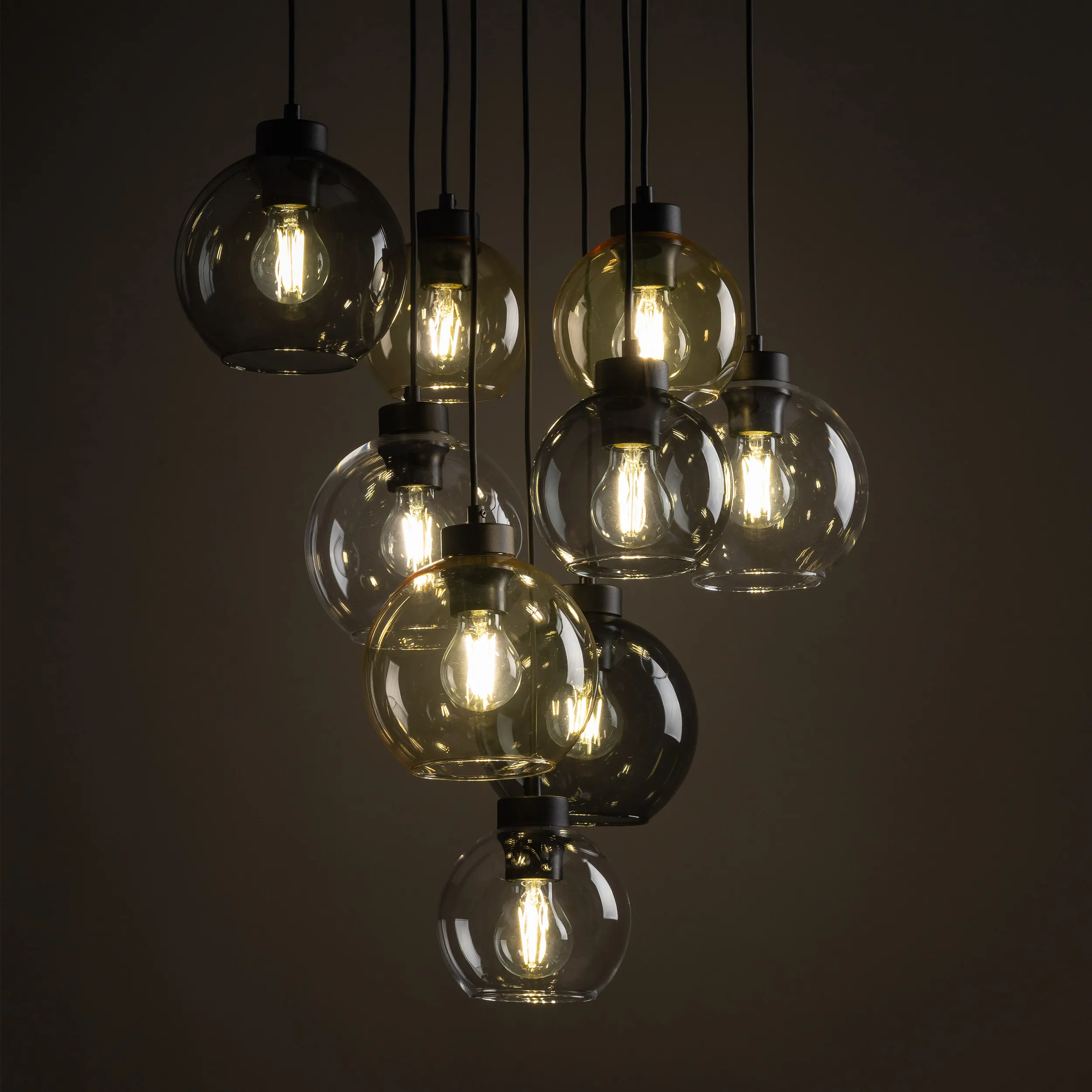 Lampa wisząca CUBUS MIX czarna z wielokolorowymi bursztynowy szary transparentny szklanymi kloszami 140x58cm - TK_10247