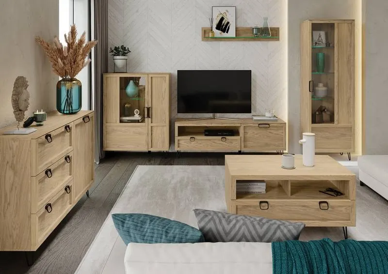 Witryna LIMBO 10 z drewna dębowego z oświetleniem dąb artisan 200x65x42cm - TH-100-1585