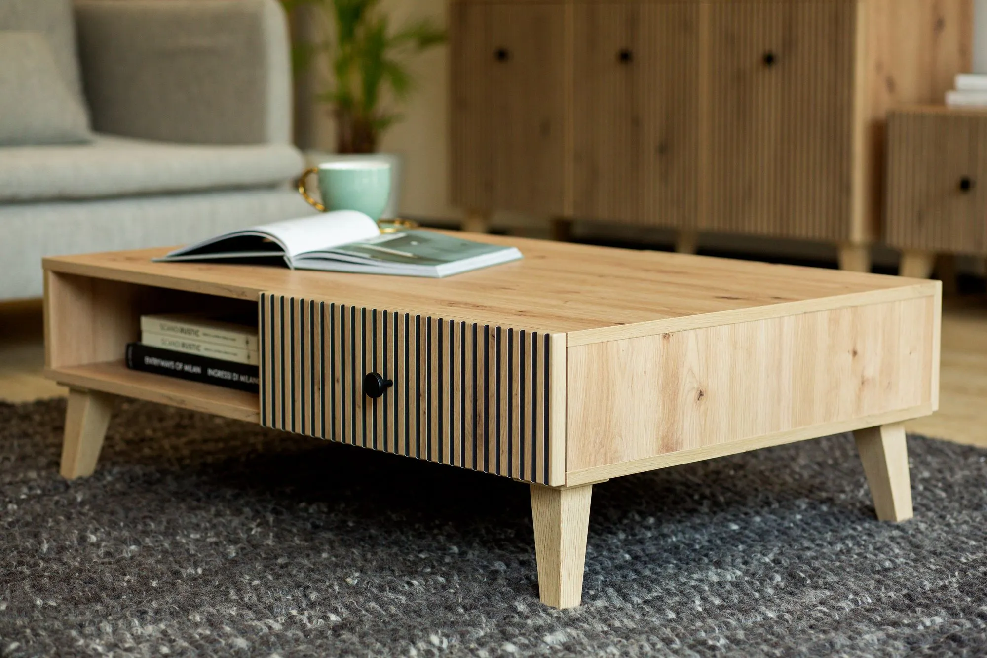 Stolik kawowy z 2 szufladami i półką BERLIN 67x102 dąb artisan - INT_5003193