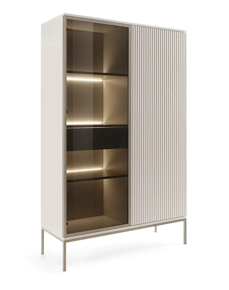 Witryna z szufladą i oświetleniem SENTO 3 pkt. LED cashmere Meble, Szafa, Szafka, Gabinet, Kredens