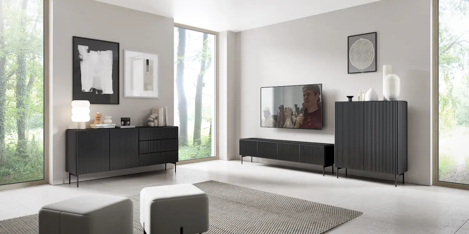 Komoda 4-drzwiowa MUTI 195 ryflowany front czarna - LA_MUTI_KOMODA_195_4D_CZARNY