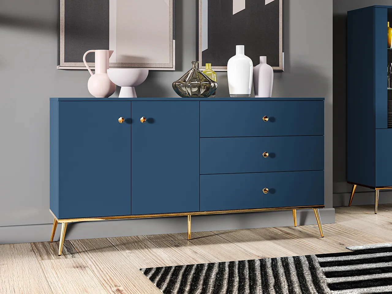 Komoda 2-drzwiowa z 3 szufladami MARINE 03 błękit ciemny, złoty - 1MARI03-001