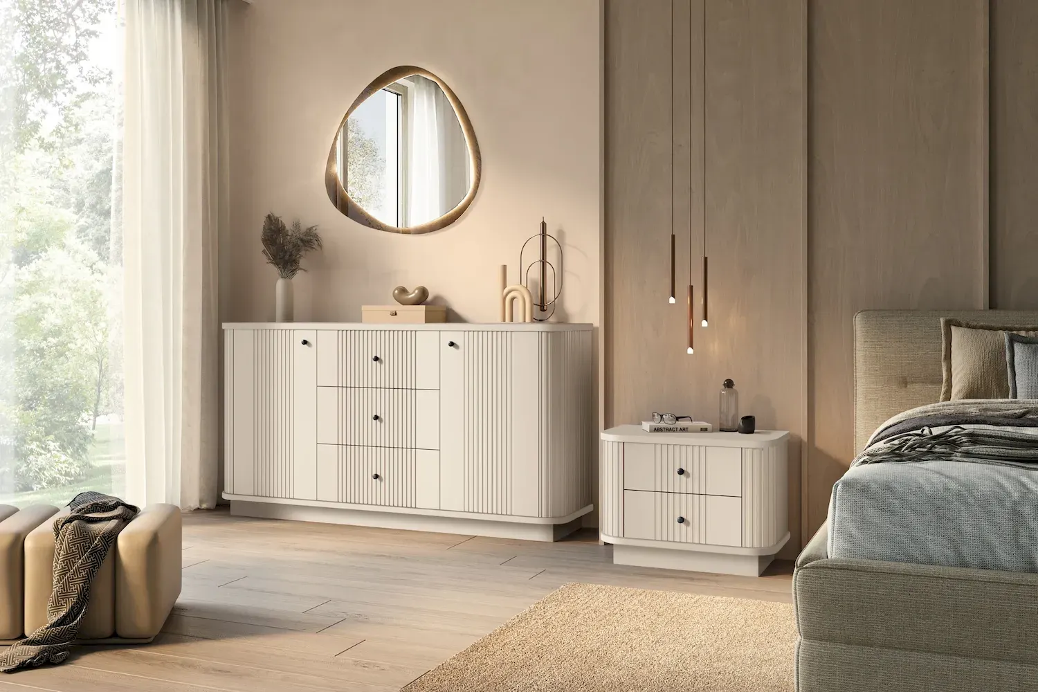 Zestaw szafka nocna z 2 szufladami VESPER 2-set ryflowany front- cashmere czarne uchwyty cokół — zdjęcie 6