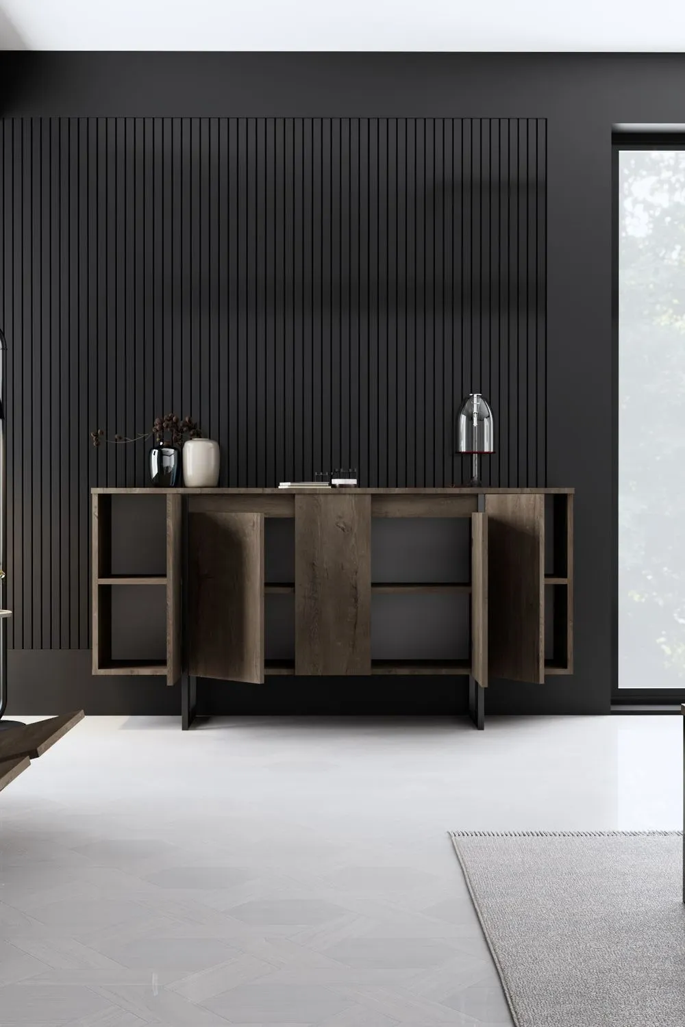 Komoda drewniana 4-drzwiowa LUXE 160 cm kolor orzechowy czarny stelaż — zdjęcie 8