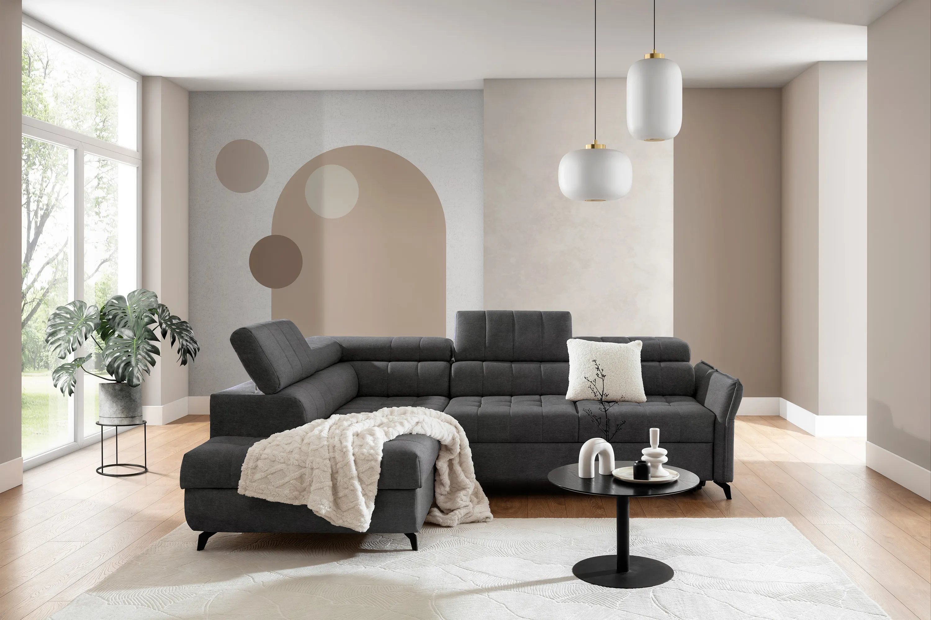 Narożnik rozkładany lewostronny ELARIAS (Zetta 305) 250x200 cm regulowane zagłówki i podłokietniki grafitowy - B_162440