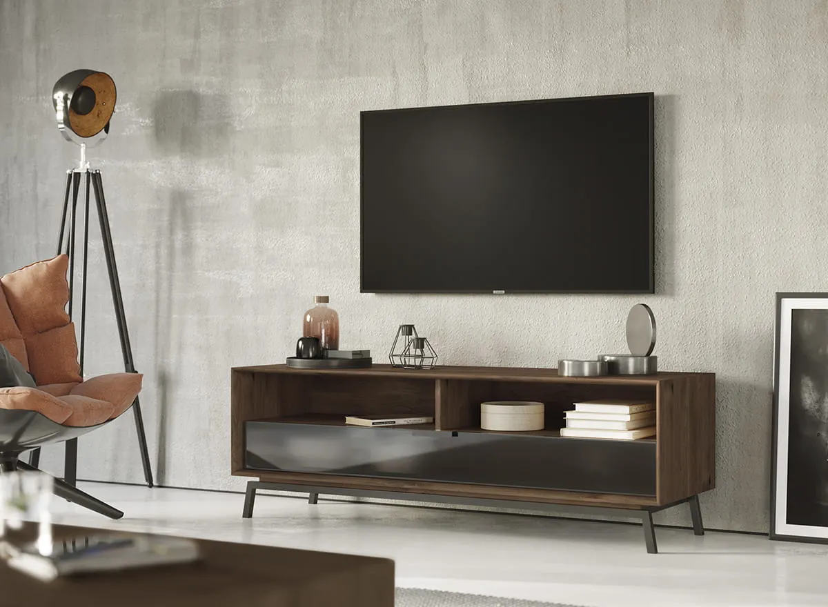 Szafka RTV dębowa MODERN LOFT z przeszkloną szufladą i 2 półkami - tabacco - PLMOL08ST