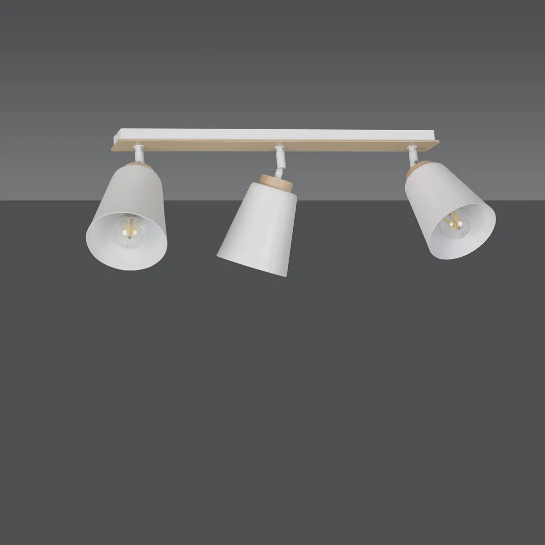 lampa sufitowa, trzy oprawy, biała lampka, metalowy uchwyt, główne kształty