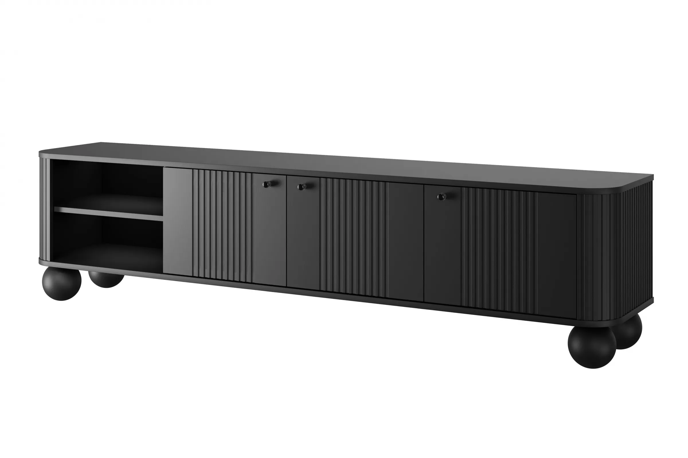 Szafka RTV 3-drzwiowa VESPER RTV 187 ryflowany front czarna czarne uchwyty nogi kule Meble, Kredens, Szafka, Łóżeczko, Łóżko dziecięce