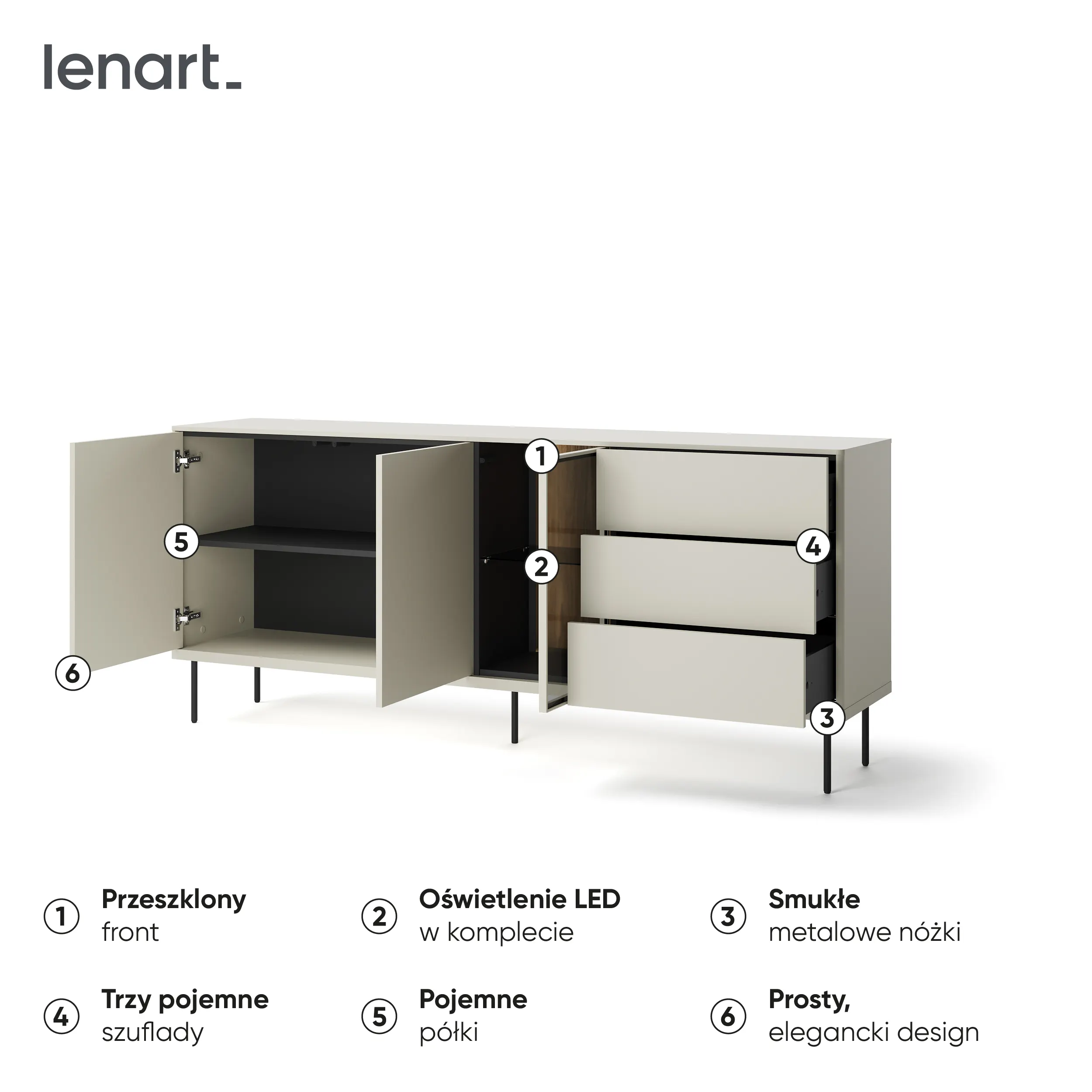 Komoda 3-drzwiowa z szufladami LED Epiro EP-05 194cm kaszmir - EP5KDC