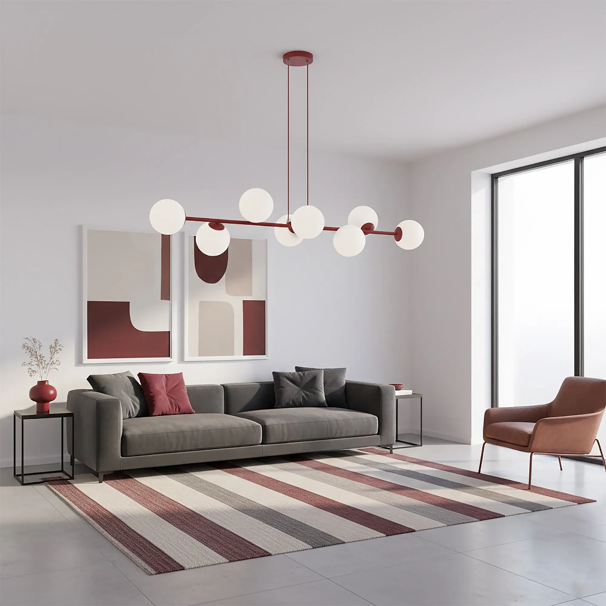 sofa, lampa wisząca, dywan podłogowy, salon, meble wypoczynkowe